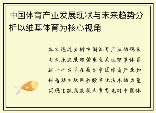 中国体育产业发展现状与未来趋势分析以维基体育为核心视角